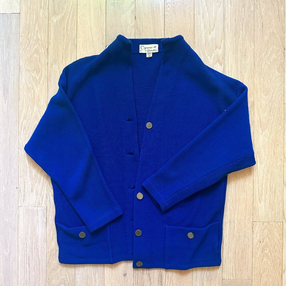 Cyrano by Sebastian 100% Wool Vintage Cobalt Blue Cardigan with Mock Turtleneck